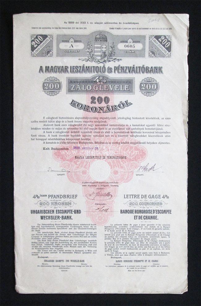Magyar Leszámitoló és Pénzváltó Bank 4% záloglevél 200 k 1902